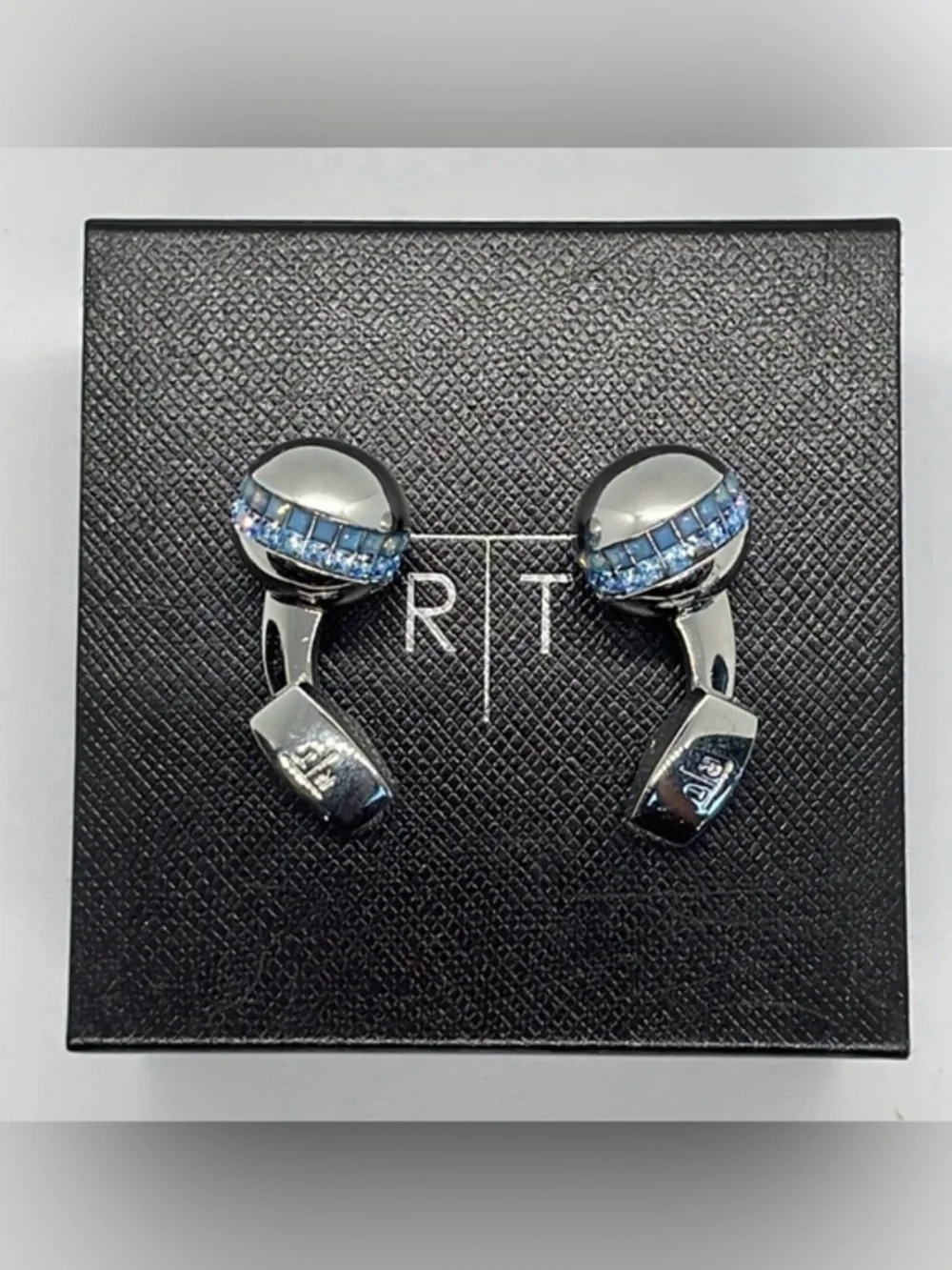 R|T by Robert Tateossian London Swarovski Blue Crystal Cufflinks Rhodium w Box